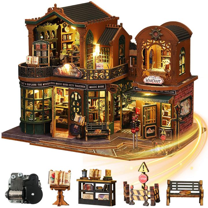 Activity Board DIY Miniature Dollhouse Kit, Wooden Dollhouse Construction Kit, Miniature House Kit with LED Light
