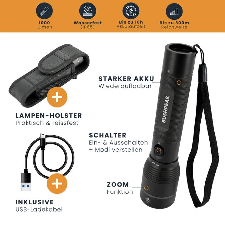 Actual product image Bushpeak Scout 1000 torch - USB (15.50 cm, 1000 lm)