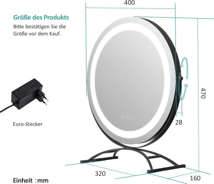 Actual product image Emke Round Illuminated Cosmetic Mirror, 3 Colour Temperatures and Dimmable, Diameter 50cm, Black