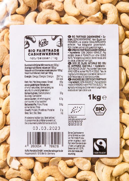 Nährwerte und Zutaten KoRo Cashewkerne (1000 g)
