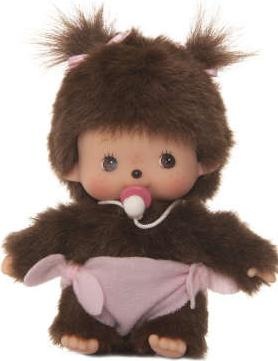 Produktbild Monchhichi Sekiguchi 235380 Original Bebichhichi Mädchen, aus braunem Plüsch, mit Windel und Zöpfen mit Schleif (20 cm)
