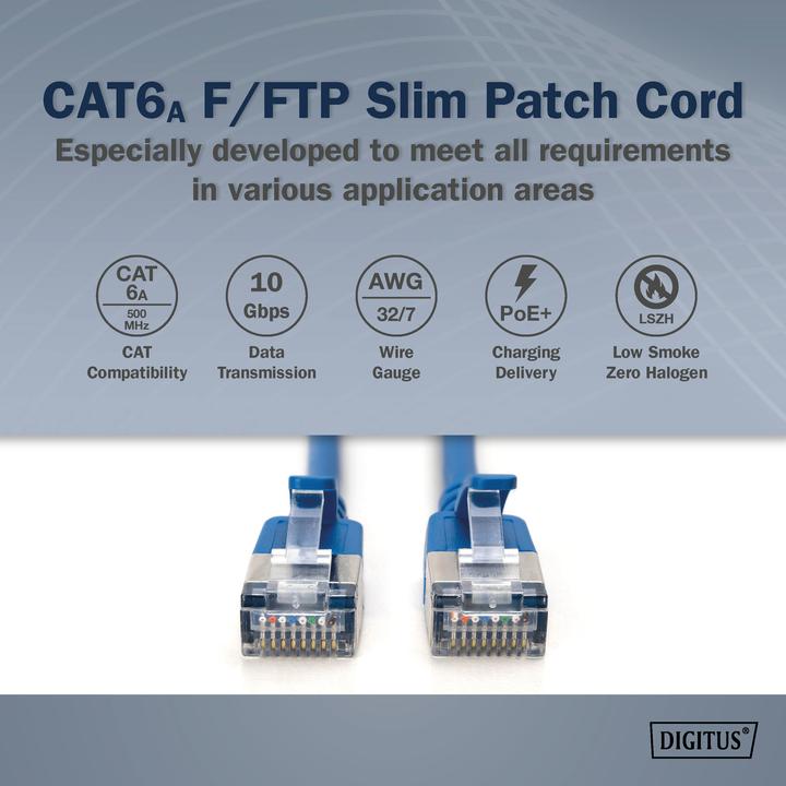 Produktbild Digitus CAT 6A Klasse Ea, F/FTP, Twisted Pair Patchkabel, Cu, LSZH, AWG 32/7, Länge: 1 m, blau (F/FTP, CAT6a, 1 m)