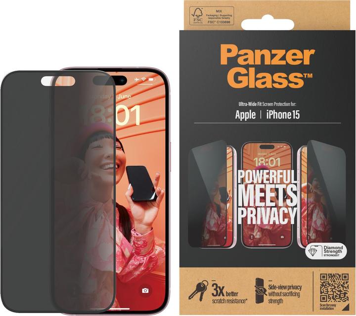 PanzerGlass Privacy Screen Protector iPhone 2023 6.1 Ultra-Wide Fit (1 Stk., Apple iPhone 15)