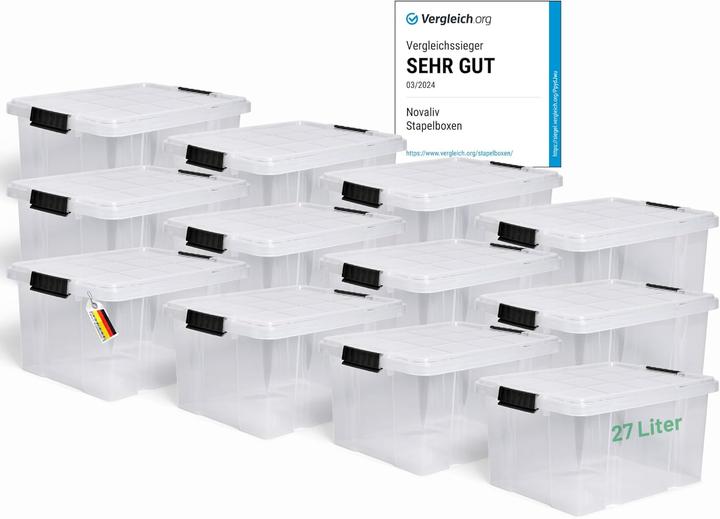 Immagine prodotto Novaliv 12x Aufbewahrungsboxen mit Deckel 27L transparente Nestbar stapelbare Storage boxes mit Clip (46,5 x 36,5 x 24 cm, 27 l)