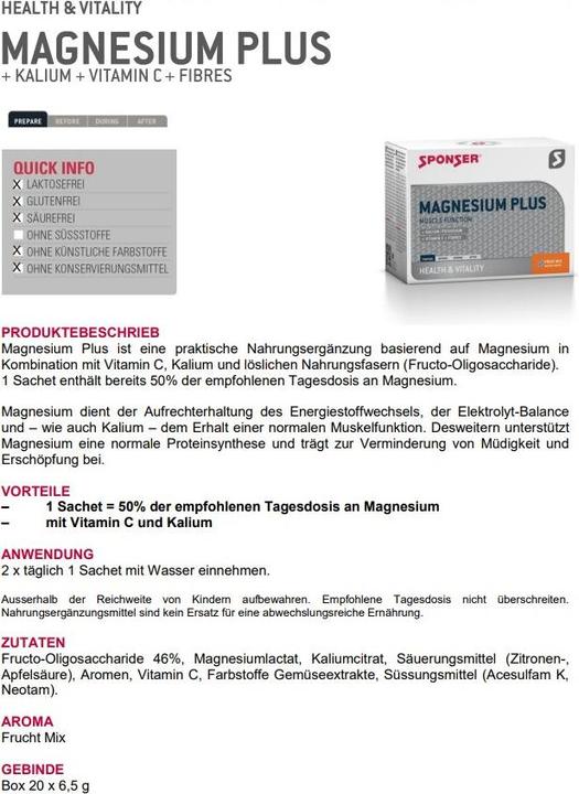Valori nutrizionali e ingredienti Sponser Magnesio Plus (Multifrutto, 20 pz., 130 g)
