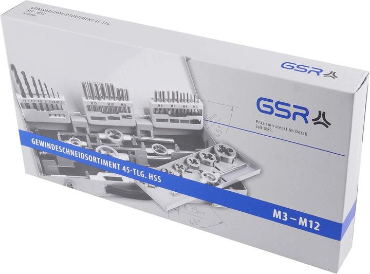 Produktbild GSR 45 tlg HSS DIN Gewindeschneidsortiment M3-M12 mit HSS- Kernlochspiralbohrern und Haltewerkzeuge