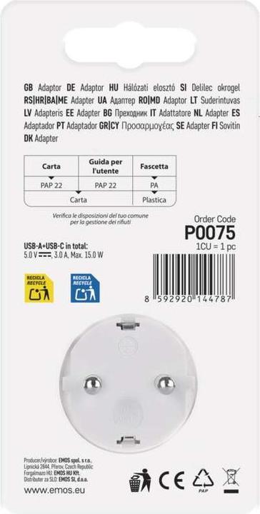 Productafbeelding Emos ADAPTOR 1×,1×USB-A+1×USB-C SCHUKO (CEE 7/3, 1x)