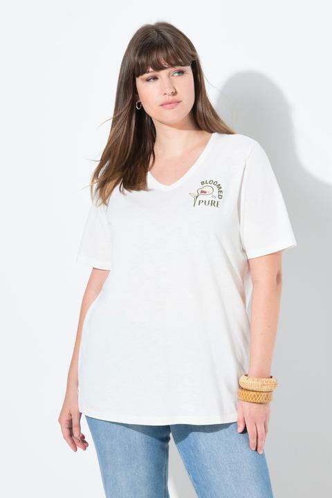 Image du produit Ulla Popken T-shirt en coton bio, motif fleur devant et derrière, décolleté en V et manches courtes (56)