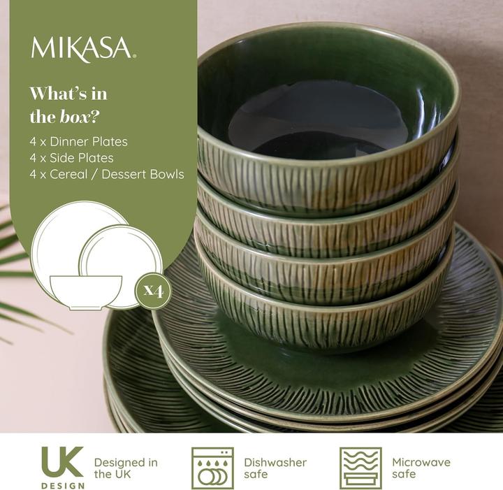 Actual product image Mikasa Jardin 12-Piece Stoneware Dinner Set, Green (12 pcs.)