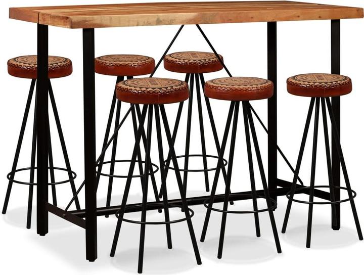 vidaXL Akazie Massiv Barset 7-tlg. Echtleder Canvas Bartisch Tresen Barhocker (150 x 70 x 107 cm)