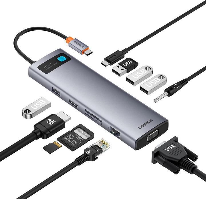 Produktbild Baseus Hub 11in1 StarJoy Metal Glam Series, USB-C to HDMI +VGA + 3 x USB 3.0 + USB 2.0+USB-C PD + RJ (USB-C, 11 Ports)