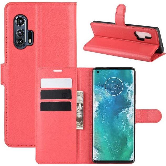 MU Classic Litchi Leder Bookcover Series (Motorola Edge+), Smartphone Hülle, Rot