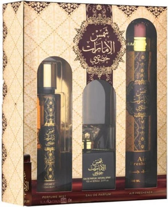 Lattafa Perfumes Shams Al Emarat Khususi Gift Set 100ml Eau de Parfum Room Spray Body Spray (Perfume set)