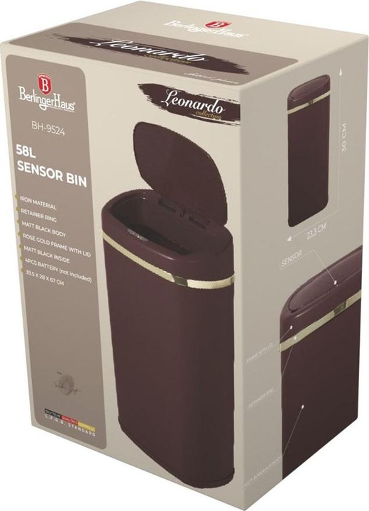Produktbild BerlingerHaus Design Abfalleimer aus Metall, mit Sensor, 58l, bordeaux (58 l)