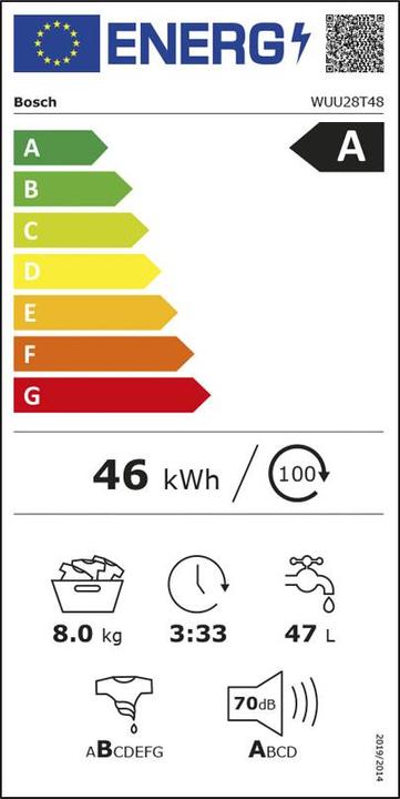 Energie-Label Bosch Hausgeräte Waschturm WUU28T48 & WQG233D40 (8 kg, Rechts)