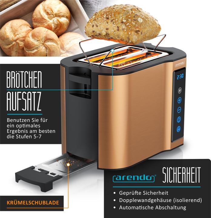 Produktbild Arendo Toaster Edelstahl 2-Scheiben Kurzschlitz, Brötchenaufsatz, Touchpanel, Display mit Restzeitanzeige