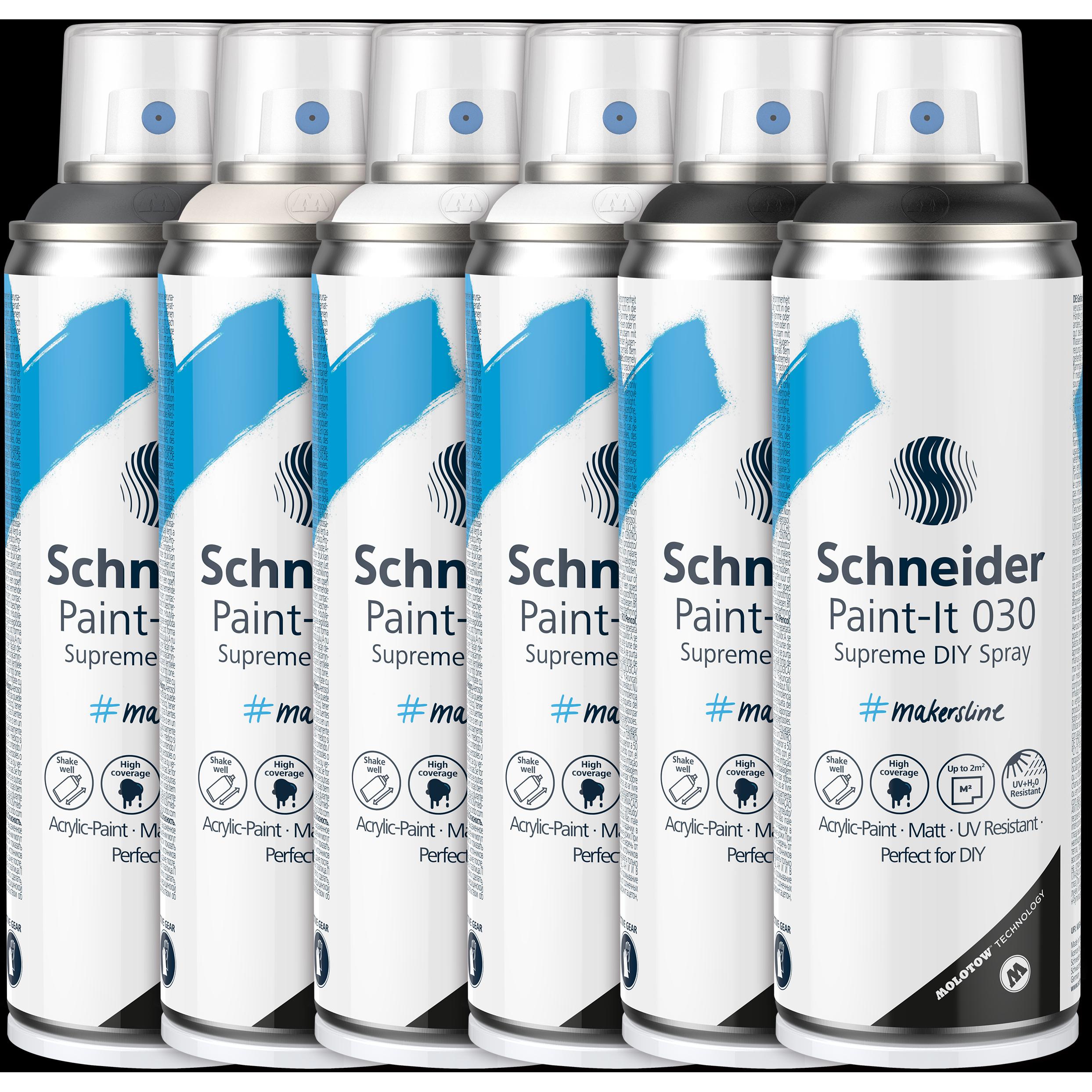 Schneider, Künstlerfarbe + Bastelfarbe, Warenpaket Supreme DIY Spray Paint-It 030 Basic Set (Sortiert, 200 ml)