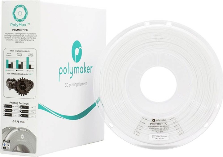 Immagine prodotto Polymaker PC02004 Polymax Tough Filament PC (Policarbonato) alta rigidità, colpo (Carbonio, 2.85 mm, 750 g, Bianco)