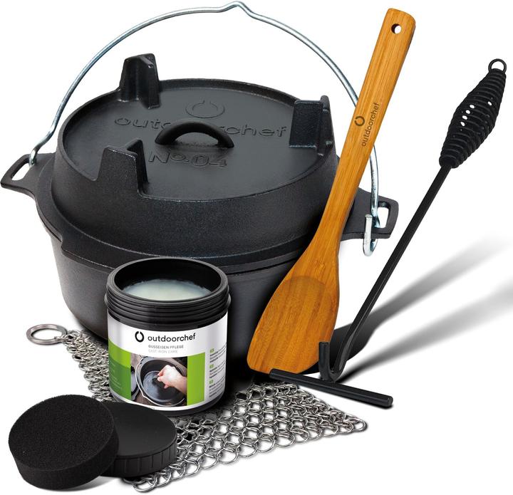 Produktbild Outdoorchef Dutch Oven 04 - 3,8 Liter - inkl. Starterset mit Gusseisen-Pflege, Ringreiniger, Deckelh