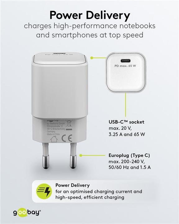 Actual product image Goobay USB C Nano Quick Charger with GaN technology (65 W)