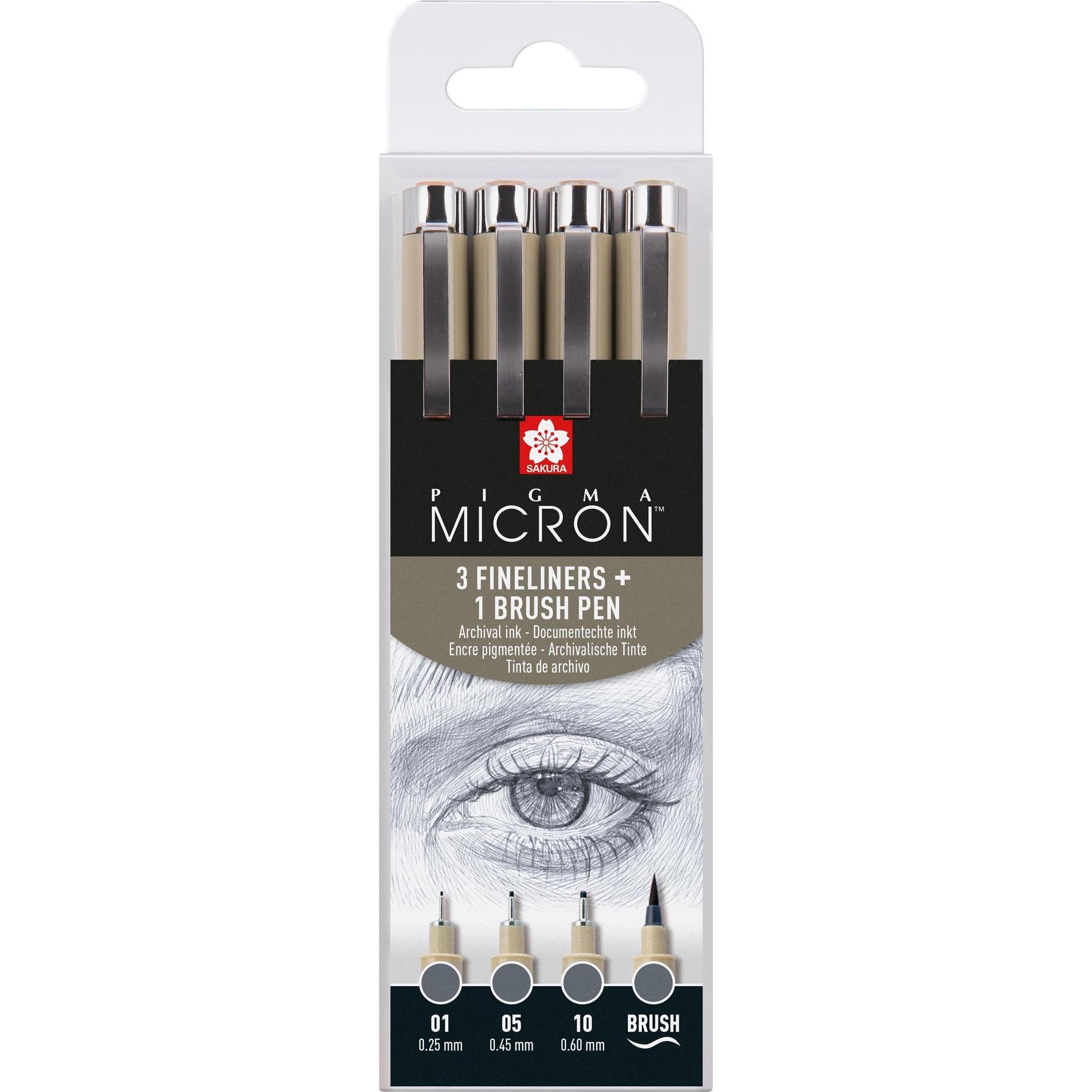 Thumbnail - Sakura, Schreibstifte, Pigma Micron Fineliners + Brushpen Kaltgrau (Grau, Grey, 4 x)