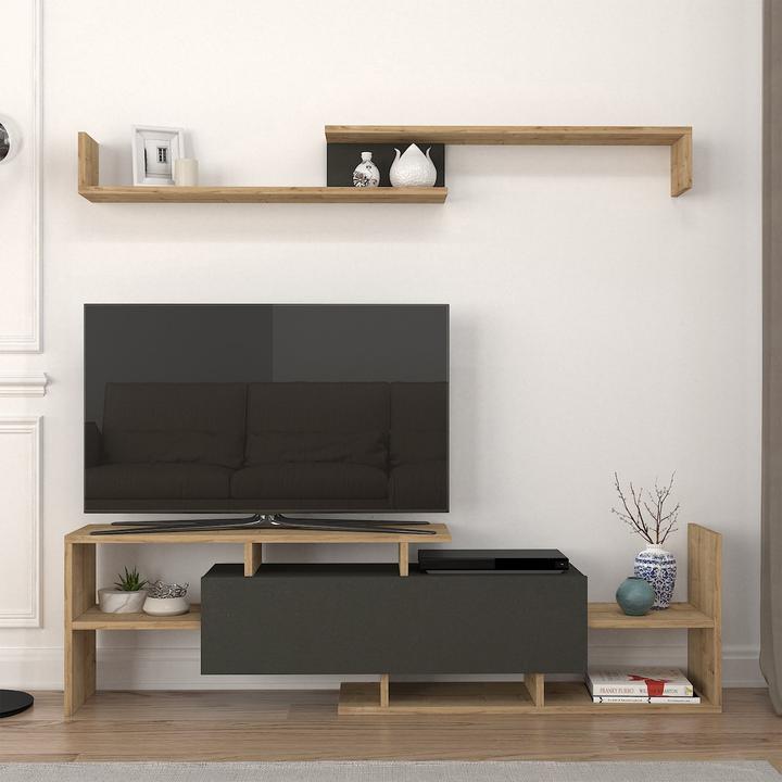 Produktbild En.Casa Fernsehschrank Liksefte mit Wandregal 154x28x42 cm Saphir-Eiche/Schwarz (154 x 28 x 42 cm)