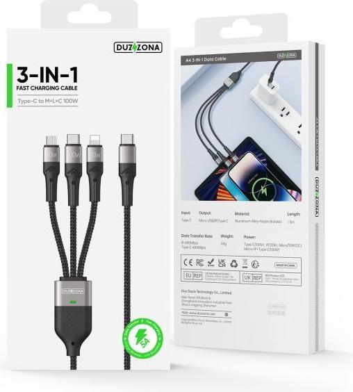 Produktbild Duzzona 3 in 1 USB Ladekabel (1.30 m, 100 W)