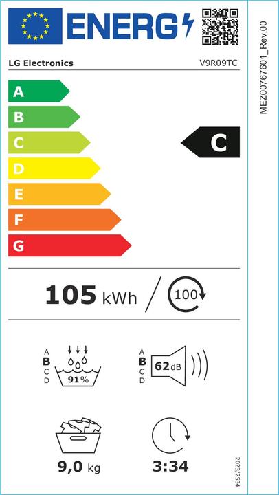 Energie-Label LG V9R09TC (9 kg, Wechselbar, Rechts)
