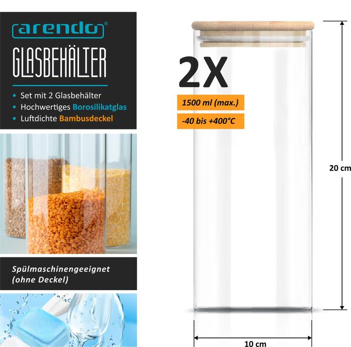 Actual product image Arendo 2x 1,5 L Vorratsgläser, Glasbehälter, 2er Set, Borosilikatglas, Bambusdeckel, Vorratsdosen luftdicht (1.50 l)