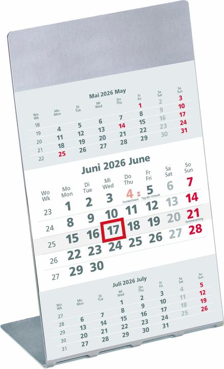 Produktbild 3-Monatskalender 2026 10,5x14,5cm mit Edelstahlaufsteller und Magnestreifen - Datumsweiser -