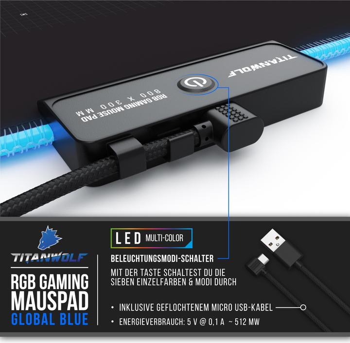 Produktbild Titanwolf RGB Gaming Mauspad, Mausmatte XL 800 x 300mm verbessert Präzision & Geschwindigkeit, Weltkarte blau (XL)