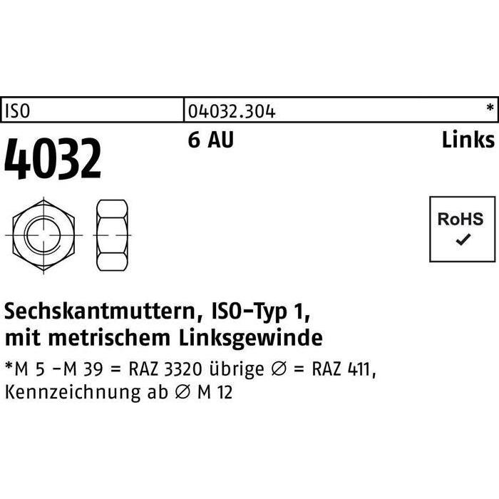 Bufab, Muttern + Unterlegscheiben, Sechskantmutter ISO 4032 links M 5 6 Automatenstahl (M5)
