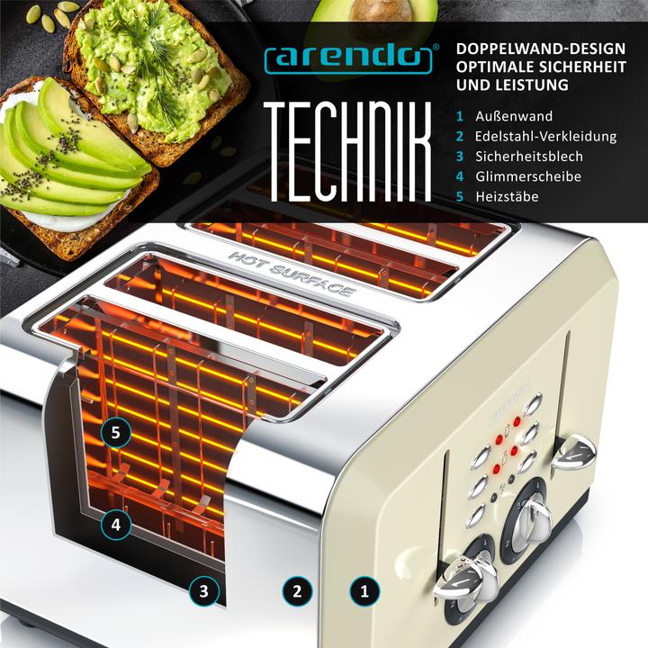 Image du produit Arendo Grille-pain en acier inoxydable 4 tranches, automatique, acier inoxydable, double paroi