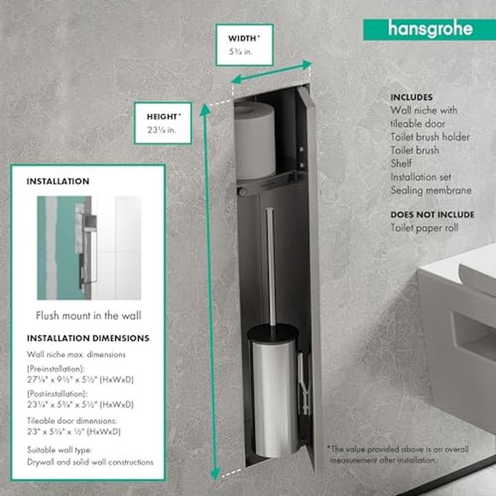 Actual product image hansgrohe XtraStoris Rock toilet brush holder, with shelf, tileable door, frameless, 145x140x595mm
