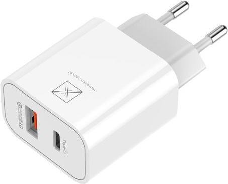 Maxximus MX ALFA 20W PD+QC Wandladegerät, USB-A+C + Typ-C - Typ-C 20W PD-Kabel, Weiss (20 W, 2 ports)