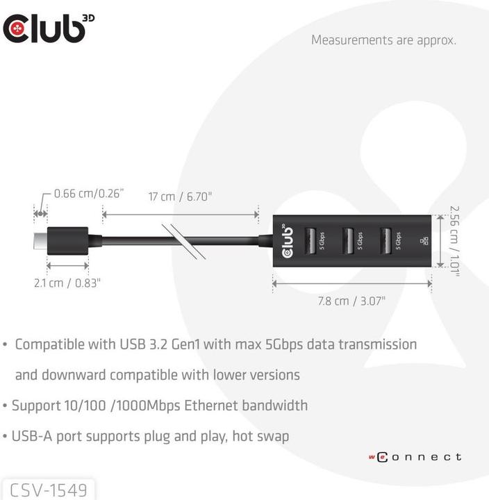 Image du produit Club 3D Club3D USB Hub USB Type-C 3.2 > 3x USB Type A Gigabit Ethernet retail (USB-C, 4 ports)