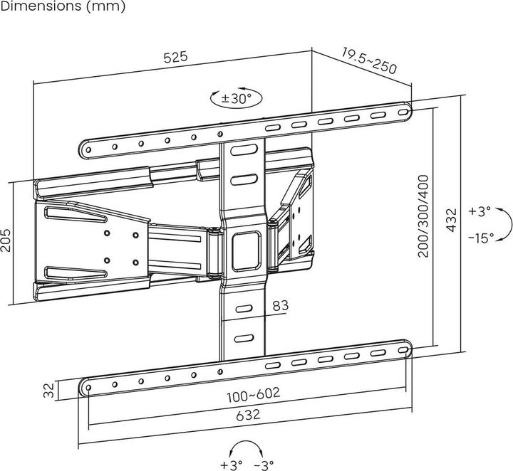 Image du produit Nedis Support TV mural pour 43 à 90 pouces, entièrement mobile, inclinable et pivotant, ABS / acier (Mur, 50 kg, 43" - 90")