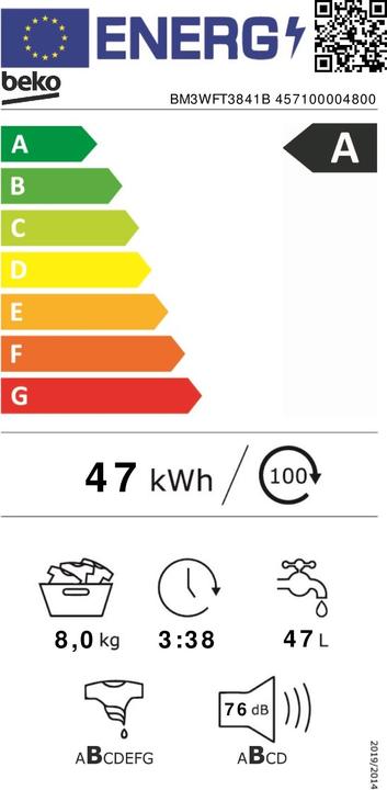 Energy Label Beko BM3WFT3841B SteamCure (457100004800) (8 kg, Left)