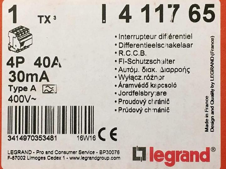 Immagine prodotto Legrand LEG 411765 Tx3 Interruttore differenziale 40A 4P 30Ma A