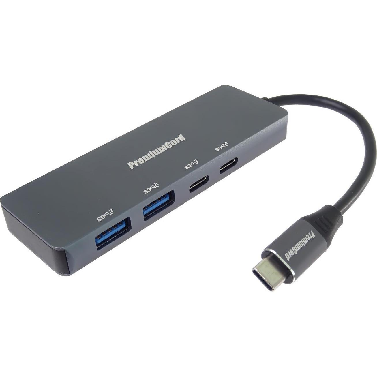 PremiumCord Hub USB-C na 2x USB 3.2 Type-C +2x USB 3.2, 5G SuperSpeed, Alluminio (USB-C), Docking station + Hub USB