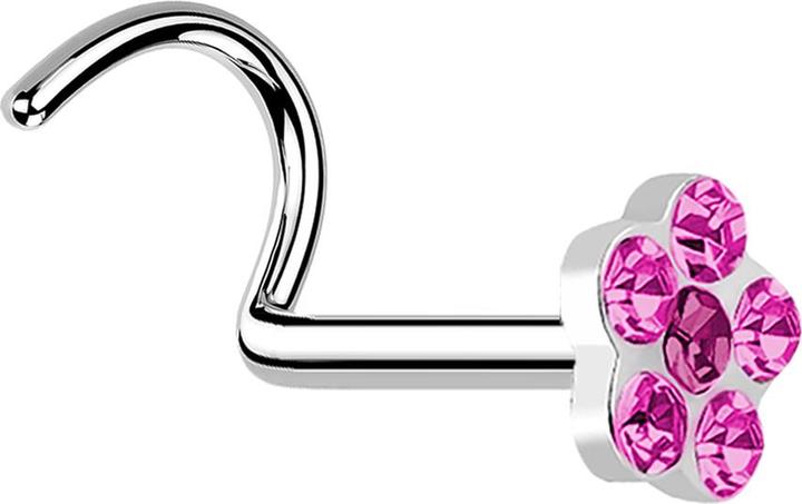 Produktbild Star Piercing Nasenstecker gebogen silber mit Blume und 5 Kristalle pink (ohne Messing, Chirurgenstahl 316L)
