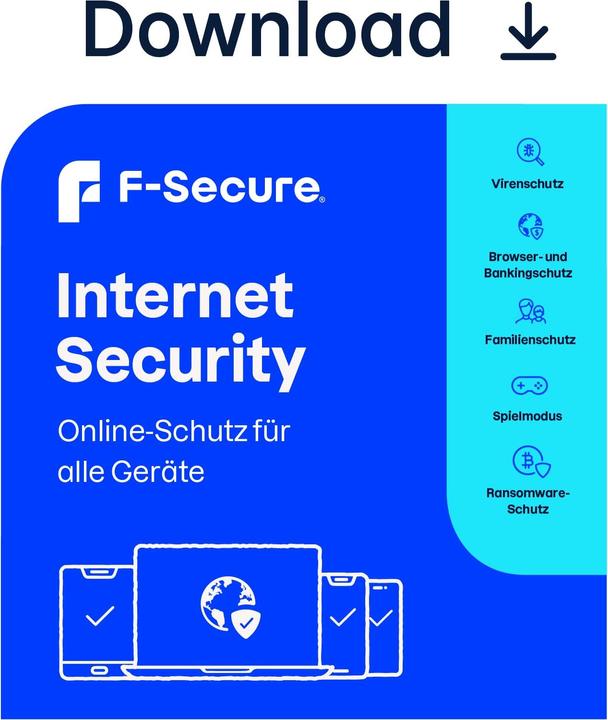 Produktbild F-Secure Internet Security für alle Geräte (ehem. SAFE) 1 Jahr/3 Geräte Download (3 User, 3 Geräte/User, 12 Monate)