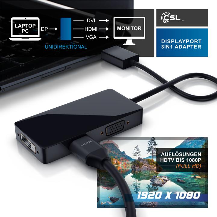 Image du produit CSL Adaptateur DisplayPort vers HDMI + DVI + VGA (DVI, HDMI, VGA, 10 cm)