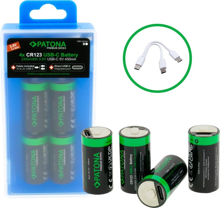 Produktbild Patona Premium Akku 4x CR123 USB-C (4 Stk., RCR123A, 800 mAh)