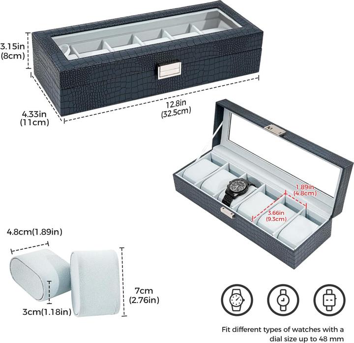 Image du produit Only-Bags.Store Uhrenbox mit 6 Fächern, Uhrenbox mit Glasdeckel, Uhrenkoffer mit Uhrenkissen, Uhrenaufbewahrung