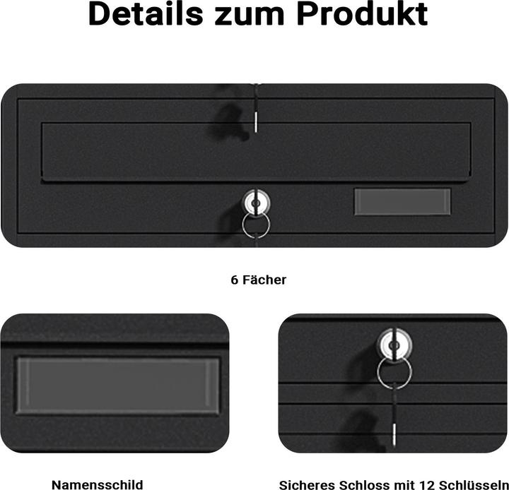 Produktbild Wiltec 6er Briefkastenanlage schwarz 270x513x1500mm Standbriefkasten Briefkasten