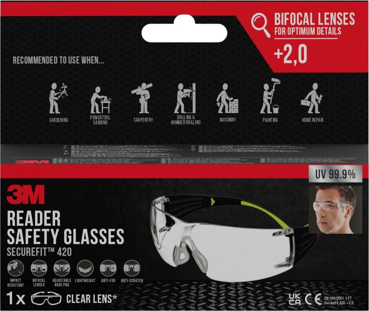 Actual product image 3M SecureFit Reader Safety Glasses, +2.0 diopter