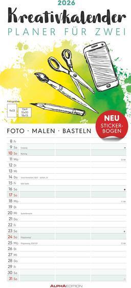 Produktbild Alpha Edition Kreativ-Kalender Planer für 2 2026 - 3 Spalten - 19,5x45 cm - Foto, Malen, Basteln - datiert -