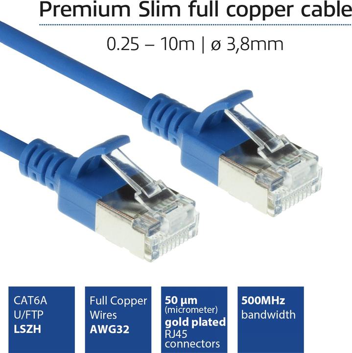 Produktbild ACT Blue 3 meter LSZH U/FTP CAT6A datacenter slimline patch cable snagless with RJ45 connectors (U/FTP, CAT6a, 3 m)