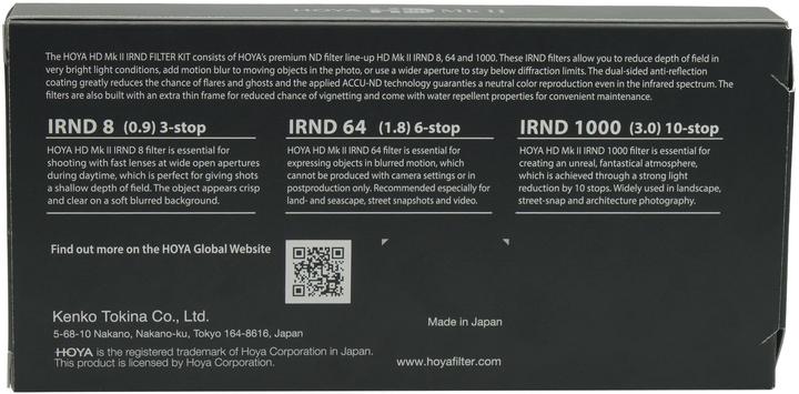 Nährwerte und Zutaten Hoya 77,0 HD MKII IRND Filter Kit 8/64/1000 (77 mm, ND- / Graufilter)
